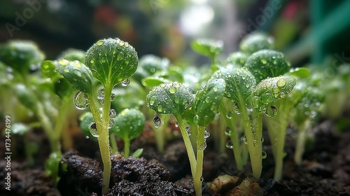 Green plant sprouts growing in wet soil