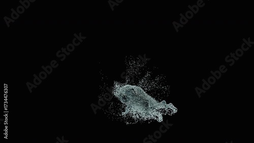 A 3D animated character performs a sword dance with dynamic water splash effects. The clip ends with an alpha matte, making it suitable for creative projects, entertainment, or digital media use.