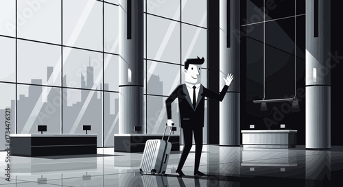 A businessman arriving at a modern hotel, the illustration features a man pulling a suitcase, in a