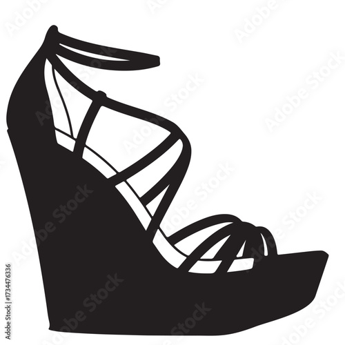 Strappy Wedge Sandal Silhouette Black and White High Heel Footwear Vector