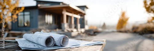 Architectural blueprints and rolled plans resting on a wooden table with a modern luxury house under construction visible in the blurred background
