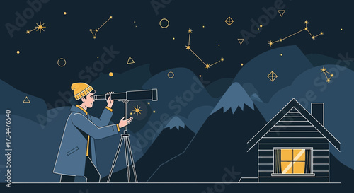 A lone astronomer observes the night sky from a cozy cabin under starry constellations