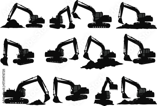 Excavator, Construction, Machine, Heavy, Equipment, Digging, Earth, Soil, Bucket, Arm, Vehicle, Industrial, Site, Project, Power, Loader, Vector, Icon, Illustration, Silhouette