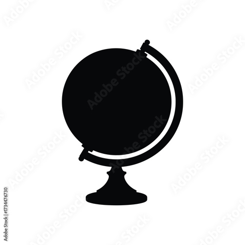 Black silhouette of a globe on a stand with a curved support arm Keywords: globe, world, earth
