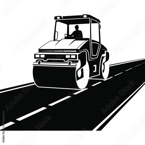 Road roller compacting a newly paved asphalt road