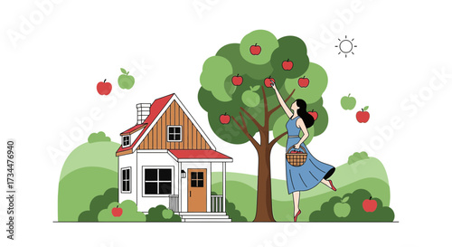 A woman picking apples from a tree in front of a charming house in a peaceful scenery