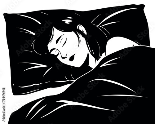 Vector illustration of a woman sleeping in bed, a black silhouette design with long hair