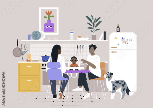 A family shares a delightful dinner in their cheerful kitchen, A child sits at the table, while parents chat and smile, with a dog nearby, adding warmth to the evening.