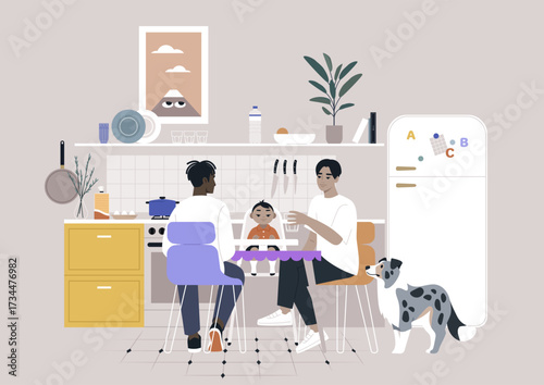 A family shares a delightful dinner in their cheerful kitchen, A child sits at the table, while parents chat and smile, with a dog nearby, adding warmth to the evening.