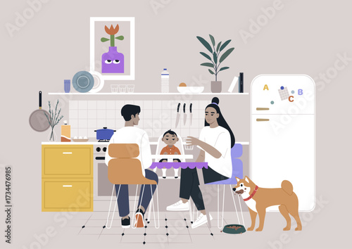 A family shares a delightful dinner in their cheerful kitchen, A child sits at the table, while parents chat and smile, with a dog nearby, adding warmth to the evening.