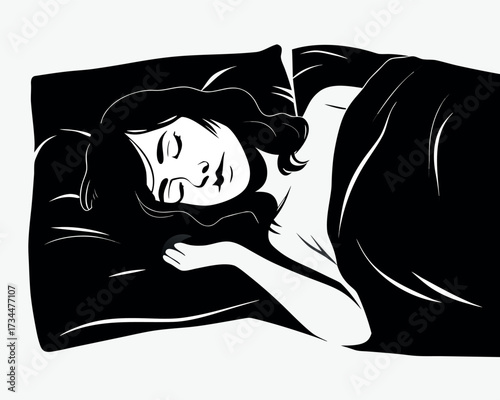 Peaceful Slumber: A serene individual rests peacefully in a bed, lost in a world of dreams, their body gently draped under a soft blanket, representing tranquility and relaxation.