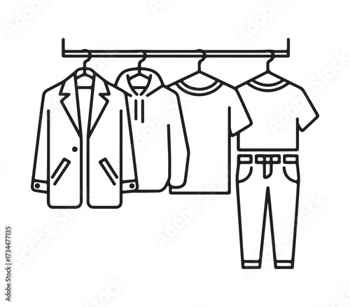 Line art of men s casual and formal clothing on a rack