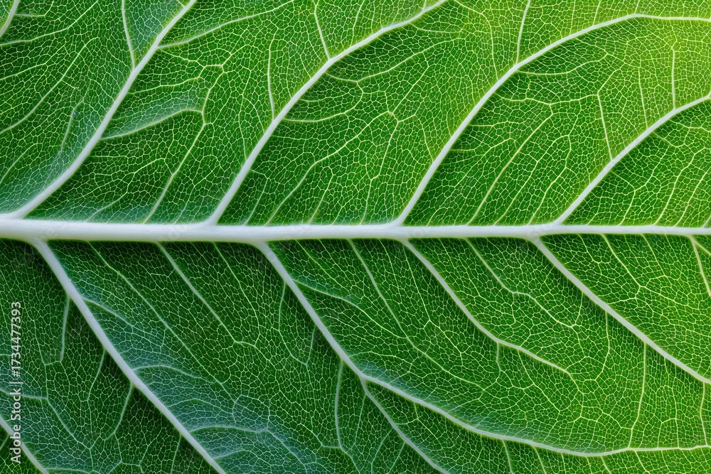 Fototapeta premium Up-close view of a vibrant green leaf, showing intricate vein patterns and textures