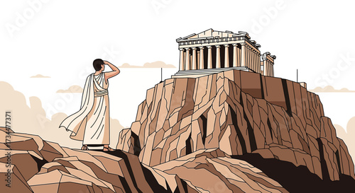 Ancient Greek man gazes upon the Parthenon atop the Acropolis on a rocky hilltop landscape