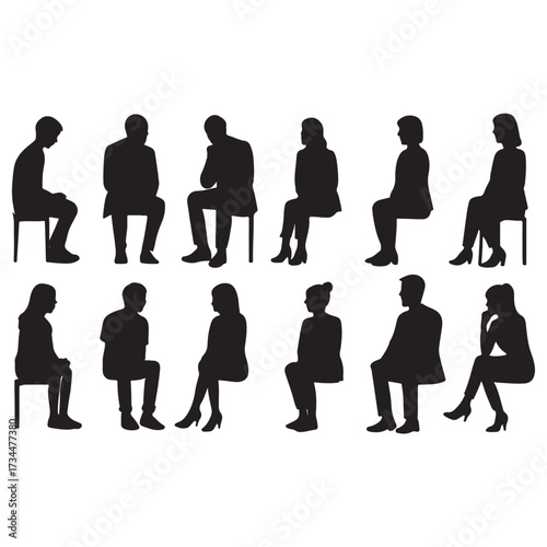 men and 
women and teenagers sitting on bench or chair business group in profile view