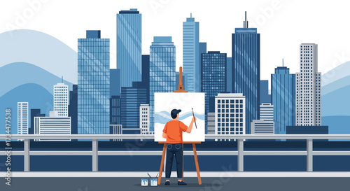 Artist capturing city skyline with cityscape painting and creative vision illustration