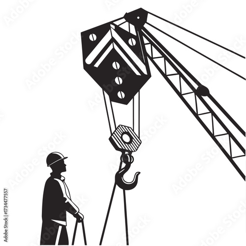 Industrial worker in hard hat supervising a heavy-duty crane with a pulley system in a construction setting, graphic illustration