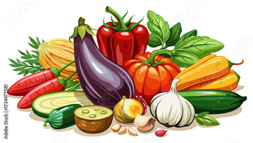 Isolated ratatouille ingredients, various fresh vegetables including eggplant, zucchini, tomato, onion, pepper, garlic, beautifully arranged and isolated on white background, showcasing natural colors