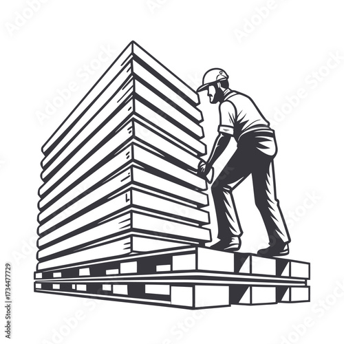 Industrial worker in a striking black silhouette design, meticulously assembling a large building structure by moving stacked panels on a wooden pallet