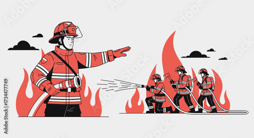 Brave firefighters bravely fight flames in an illustration portraying teamwork and safety battling