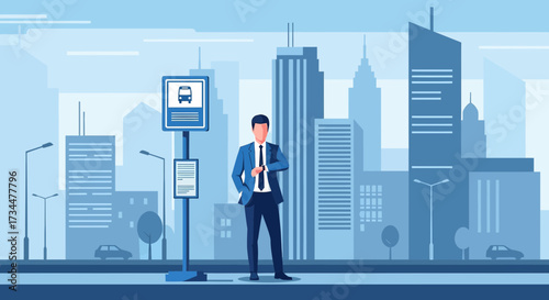 Businessman checking time at a bus stop in a modern city, representing urban commuting and