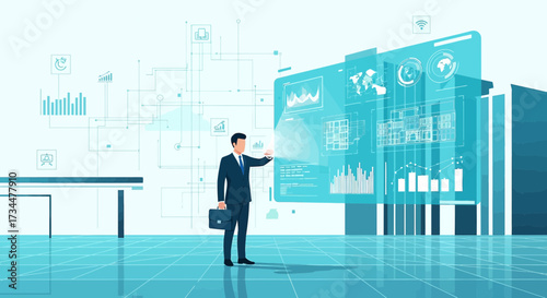 Businessman interacting with futuristic interface for data analysis and visualization