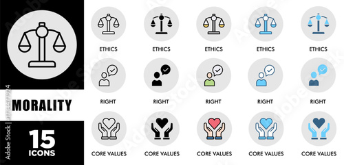 MORALITY icon set with various styles and colors  of corporate sustainability performance for investment screening