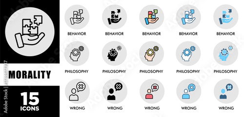 MORALITY icon set with various styles and colors  of corporate sustainability performance for investment screening