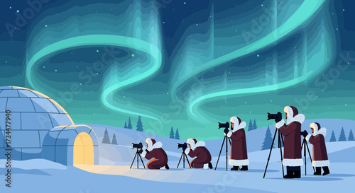 Capturing the Aurora Borealis: A Group of Photographers Under the Northern Lights Spectacular