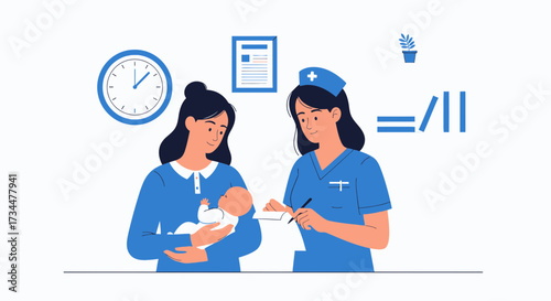 Caring Nurse Assisting a Mother with Her Newborn Baby in a Medical Setting Illustration