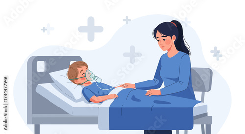 Caring mother comforts sick child with oxygen mask in hospital bed illustration