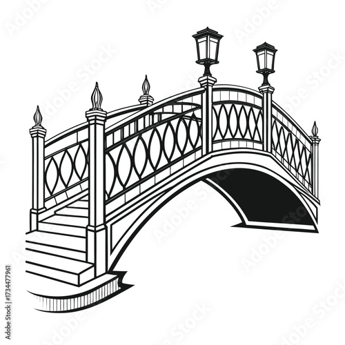 Vintage arched footbridge with geometric interlocking railings and classic lanterns, a black and white vector silhouette illustration