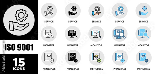 ISO 9001 icon set with various styles and colors  of corporate sustainability performance for investment screening