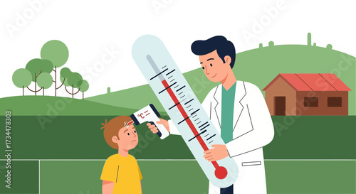 Cartoon Illustration of Doctor Checking Child's Temperature with Infrared Thermometer in Outdoor