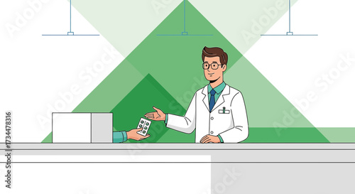 Cartoon illustration of a pharmacist handing medication to a customer at pharmacy counter