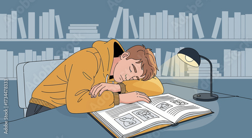 Cartoon illustration of a tired student sleeping on a book at a desk with a lamp on and a