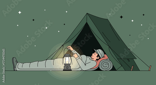 Cartoon illustration of a relaxed camper in sleeping bag under a starry sky enjoying outdoor