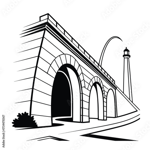 Bold monochrome illustration showcasing the robust architecture of a classic stone arch bridge, elegantly paired with a towering lighthouse, creating a distinctive graphic silhouette