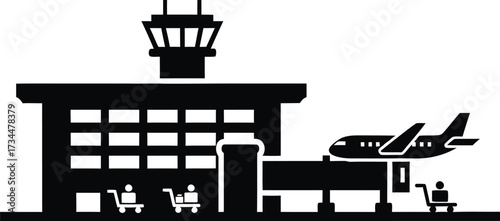 Airport terminal with airplanes and control tower silhouette