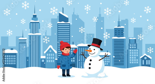 Cheerful winter scene featuring a child building a snowman in a snowy cityscape