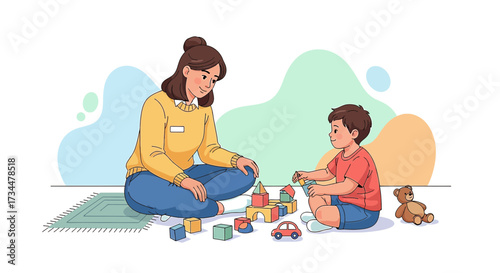 Childcare scene depicting a woman playing with a child using colorful blocks and toys illustrating