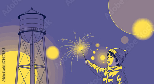 Childhood Celebration: A joyful illustration of a child with a sparkler against a whimsical