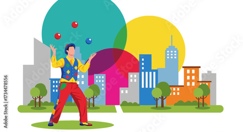 Colorful cartoon vector illustration of a circus juggler performing against city skyline