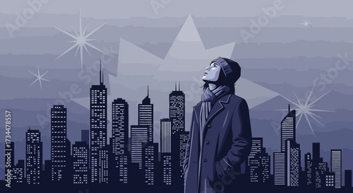 Cityscape contemplation: An individual gazes upward amidst urban brilliance and starscape wonder