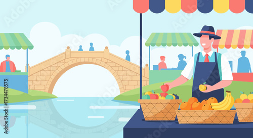Colorful vector illustration of a vibrant fruit market near a historic bridge