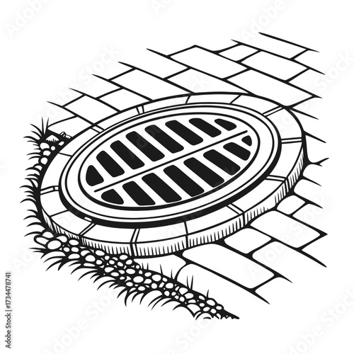 Detailed black and white illustration of a sewer drain cover, highlighting its design amidst pavement
