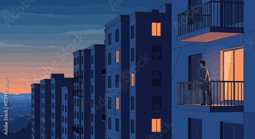 Contemplative figure on balcony at dusk amidst urban residential buildings scene