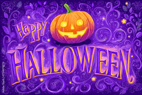 Happy Halloween typography with glowing jack o’ lantern on purple decorative background. Festive seasonal design.