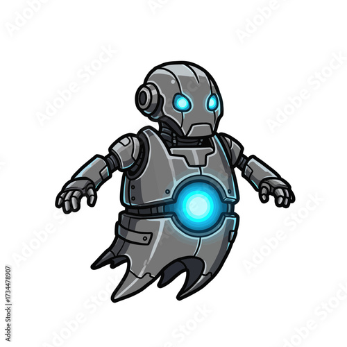 Futuristic robot ghost character with glowing blue eyes and chest