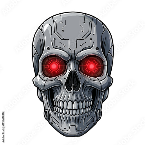 Menacing cyborg skull with glowing red eyes, intense futuristic threat
